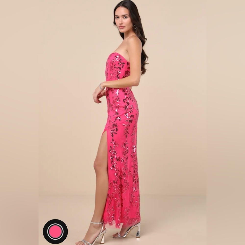 NWT Lulus Prom Hot Pink Sequin Strapless Mermaid Maxi Dress - Size XS - Picture 2 of 4